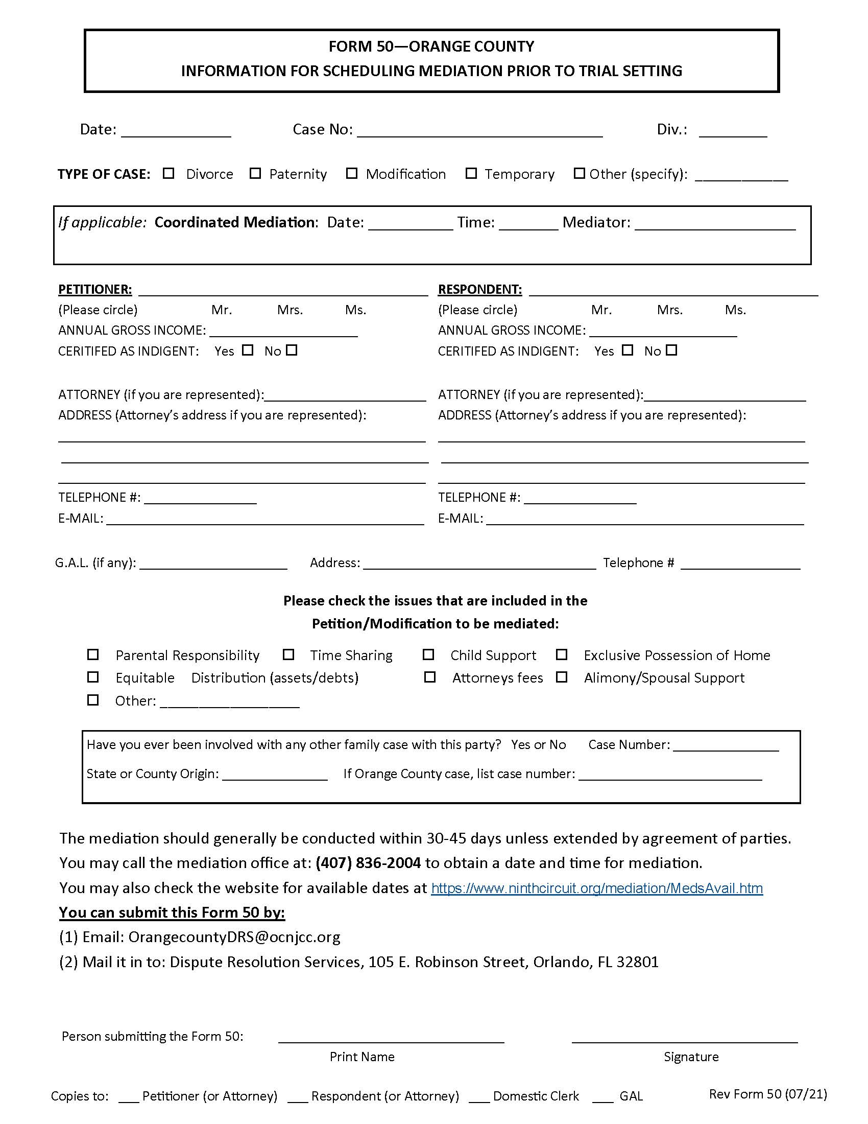 Information For Scheduling Mediation Before Trial Setting {Form 50} | Pdf Fpdf Doc Docx | Florida