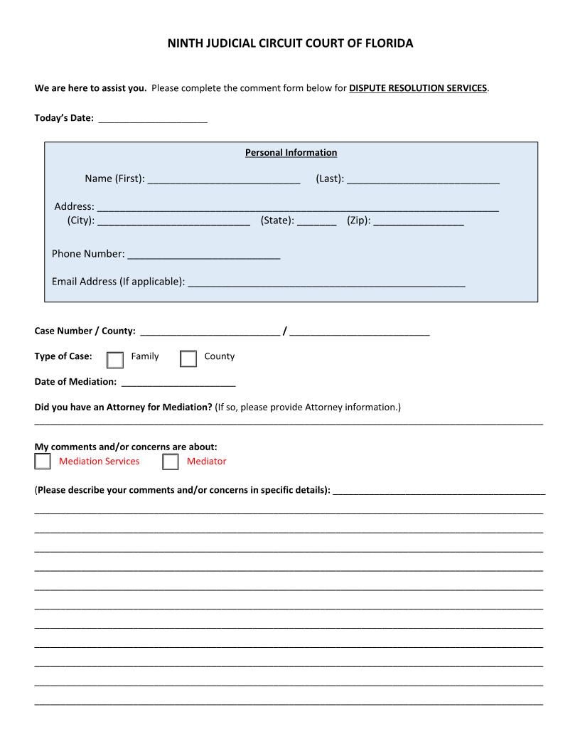 Mediation Comment Form | Pdf Fpdf Docx | Florida