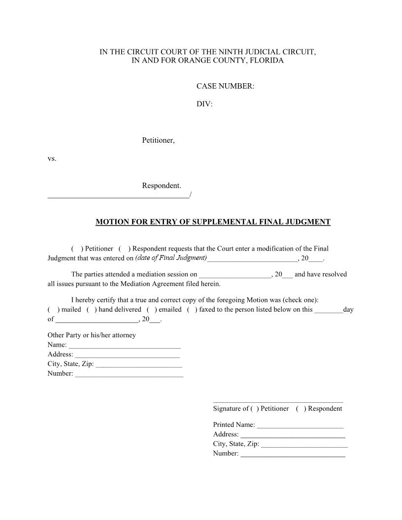 Motion For Entry Of Supplemental Final Judgment | Pdf Fpdf Docx | Florida