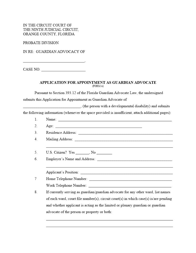 Application For Appointment As Guardian Advocate {FORM A} | Pdf Fpdf Docx | Florida