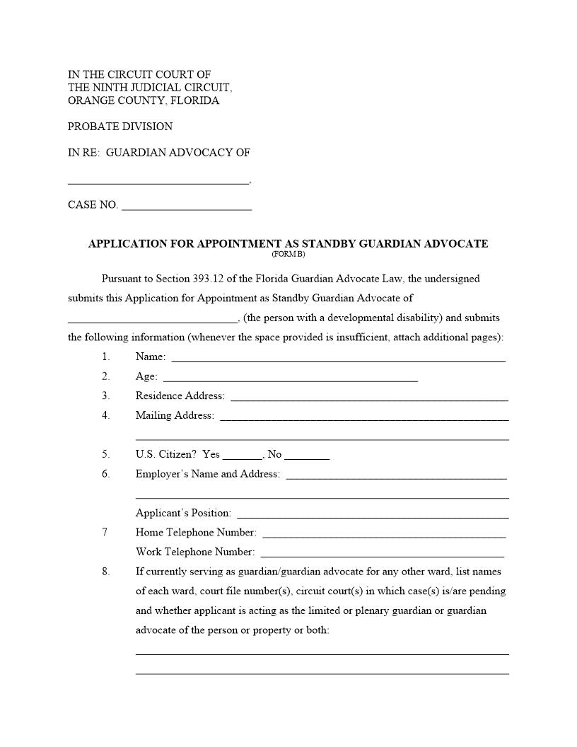 Application For Appointment As Standby Guardian Advocate {FORM B} | Pdf Fpdf Docx | Florida