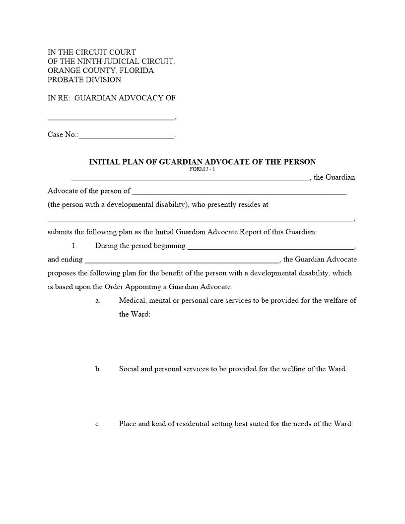 Initial Plan Of Guardian Advocate Of The Person {FORM J-1} | Pdf Fpdf Docx | Florida
