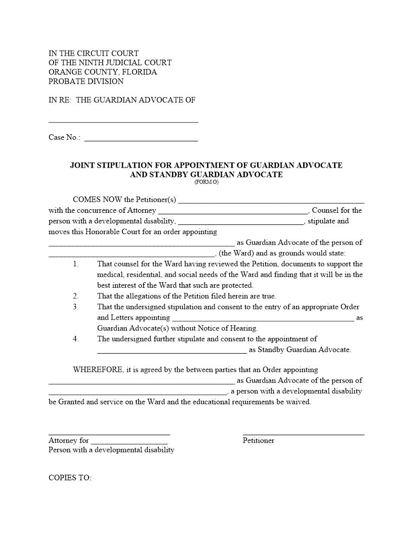 Joint Stipulation For Appointment Of Guardian Advocate And Standby {FORM O} | Pdf Fpdf Docx | Florida