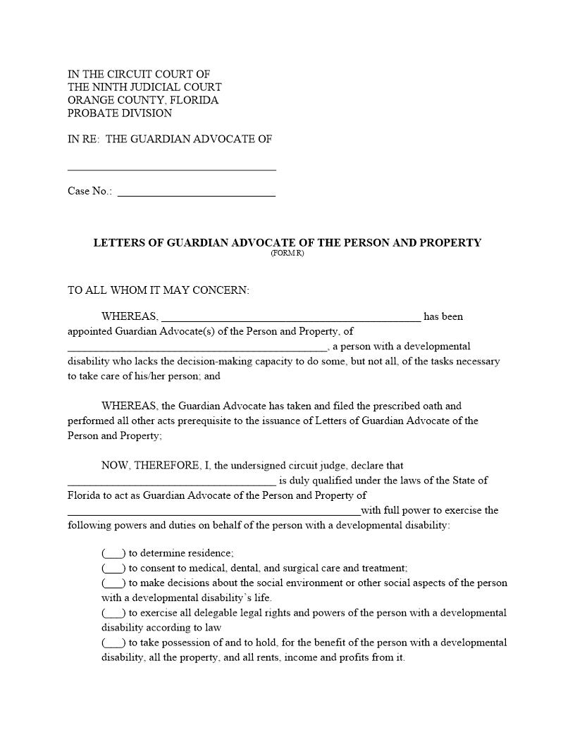 Letters Of Guardian Advocate Of Person And Property {FORM R} | Pdf Fpdf Docx | Florida