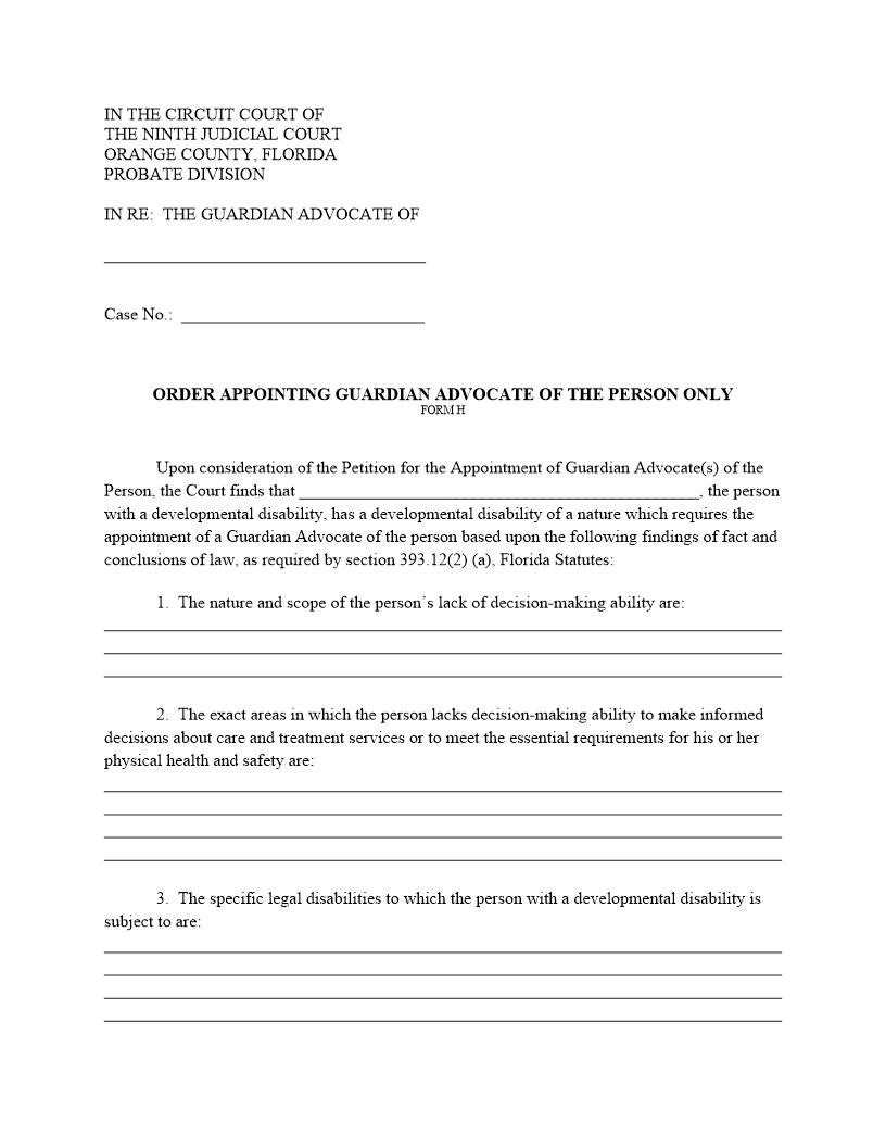 Order Appointing Guardian Advocate Of Person Only {FORM H} | Pdf Fpdf Docx | Florida