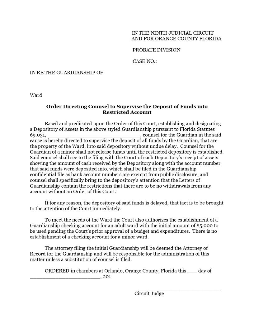 Order Directing Counsel To Supervise Deposit Into Restricted Account | Pdf Fpdf Docx | Florida