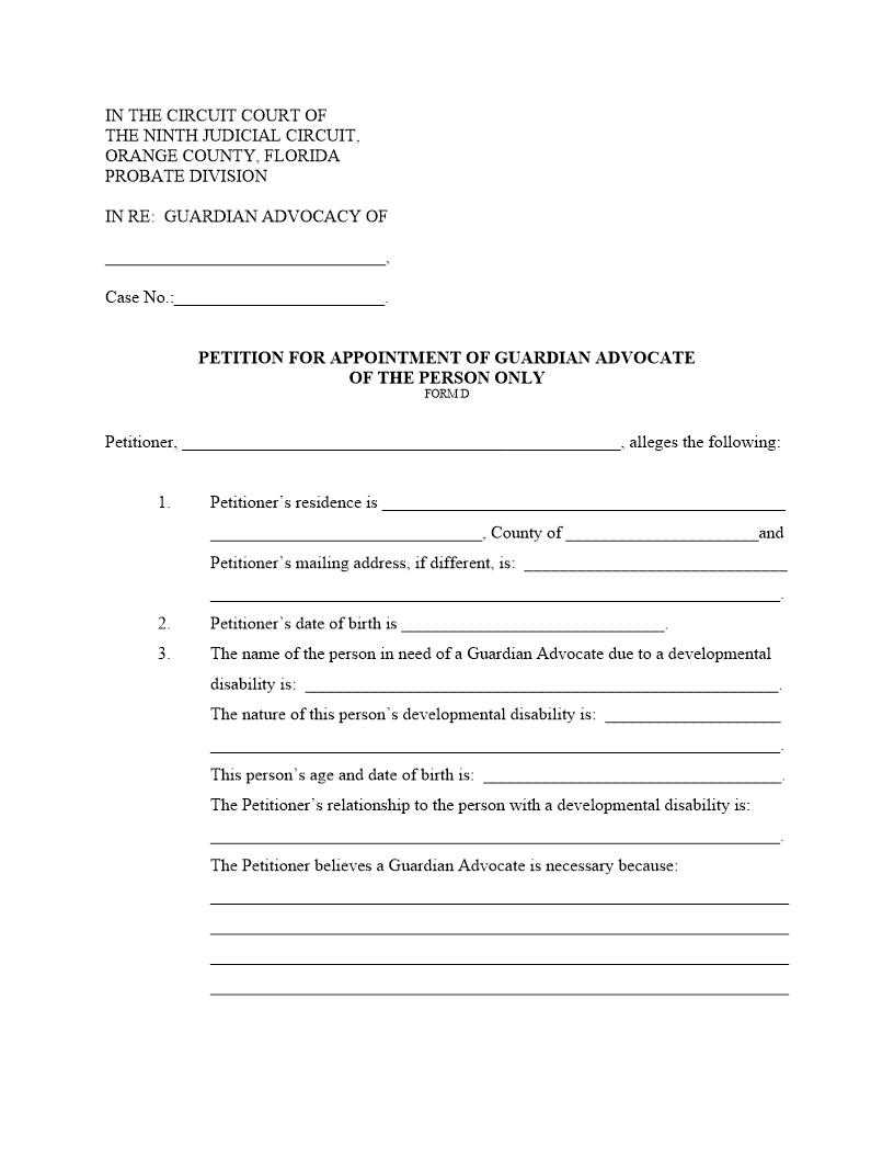 Petition For Appointment Of Guardian Advocate Of Person Only {FORM D} | Pdf Fpdf Docx | Florida