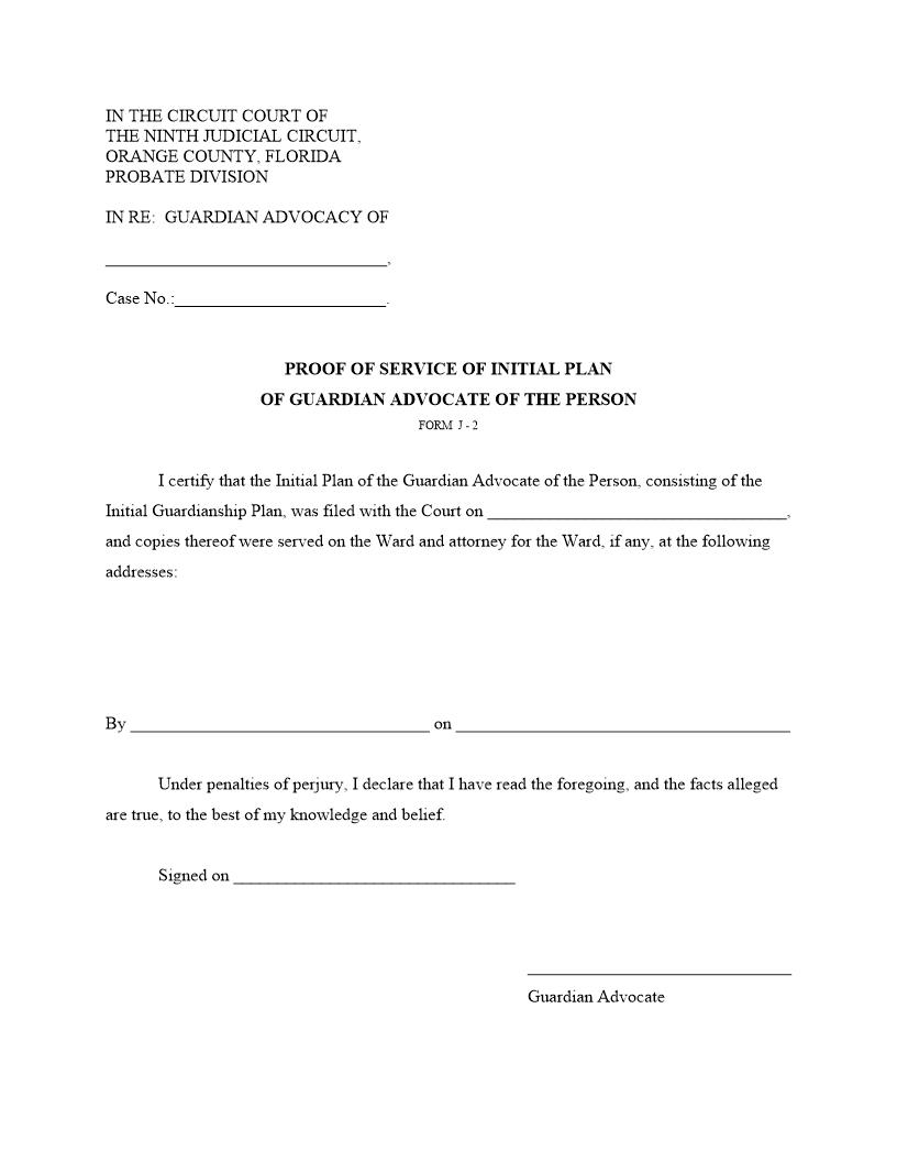 Proof Of Service Of Initial Plan {FORM J-2} | Pdf Fpdf Docx | Florida