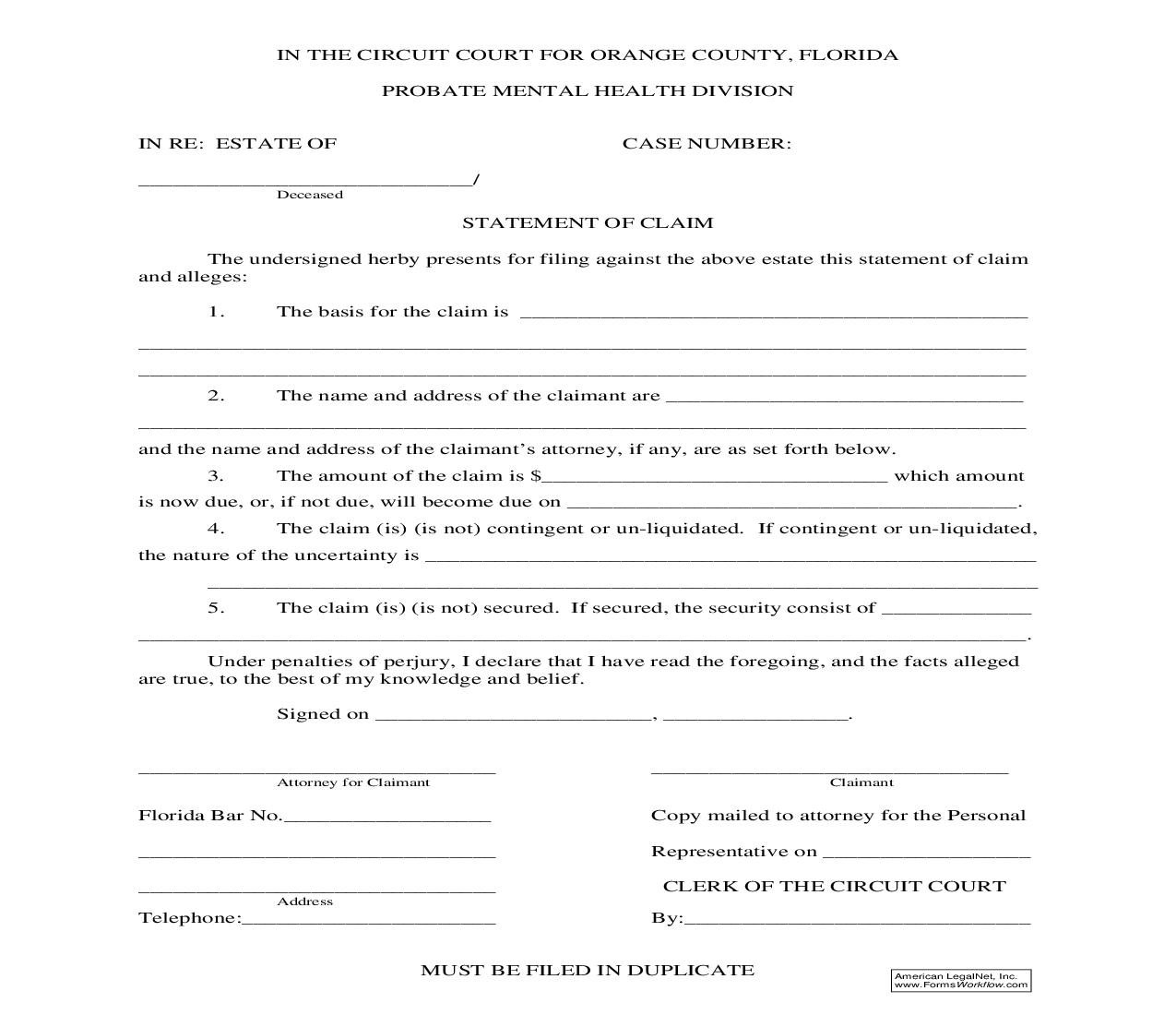 Statement Of Claim (Probate) | Pdf Fpdf Doc Docx | Florida
