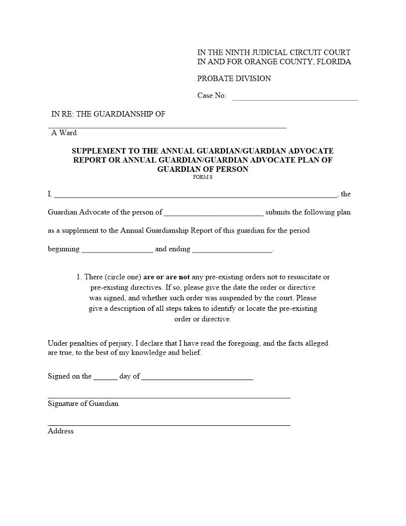 Supplement To Annual Plan Of Guardian Advocate Of Person {FORM S} | Pdf Fpdf Docx | Florida