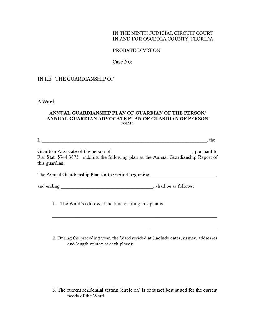 Annual Guardian-Guardian Advocate Plan Guardian Of The Person {Form S} | Pdf Fpdf Docx | Florida