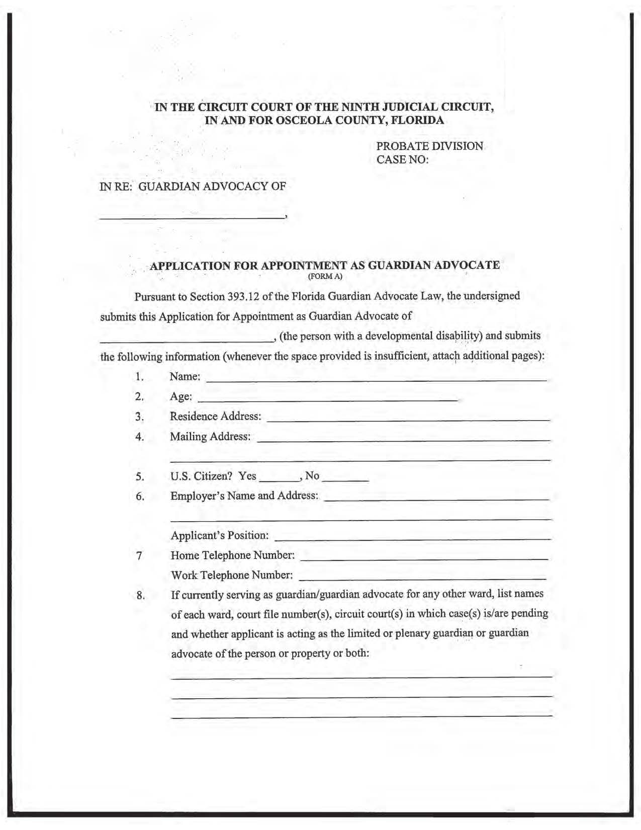 Application For Appointment As Guardian Advocate {FORM A} | Pdf Fpdf Docx | Florida