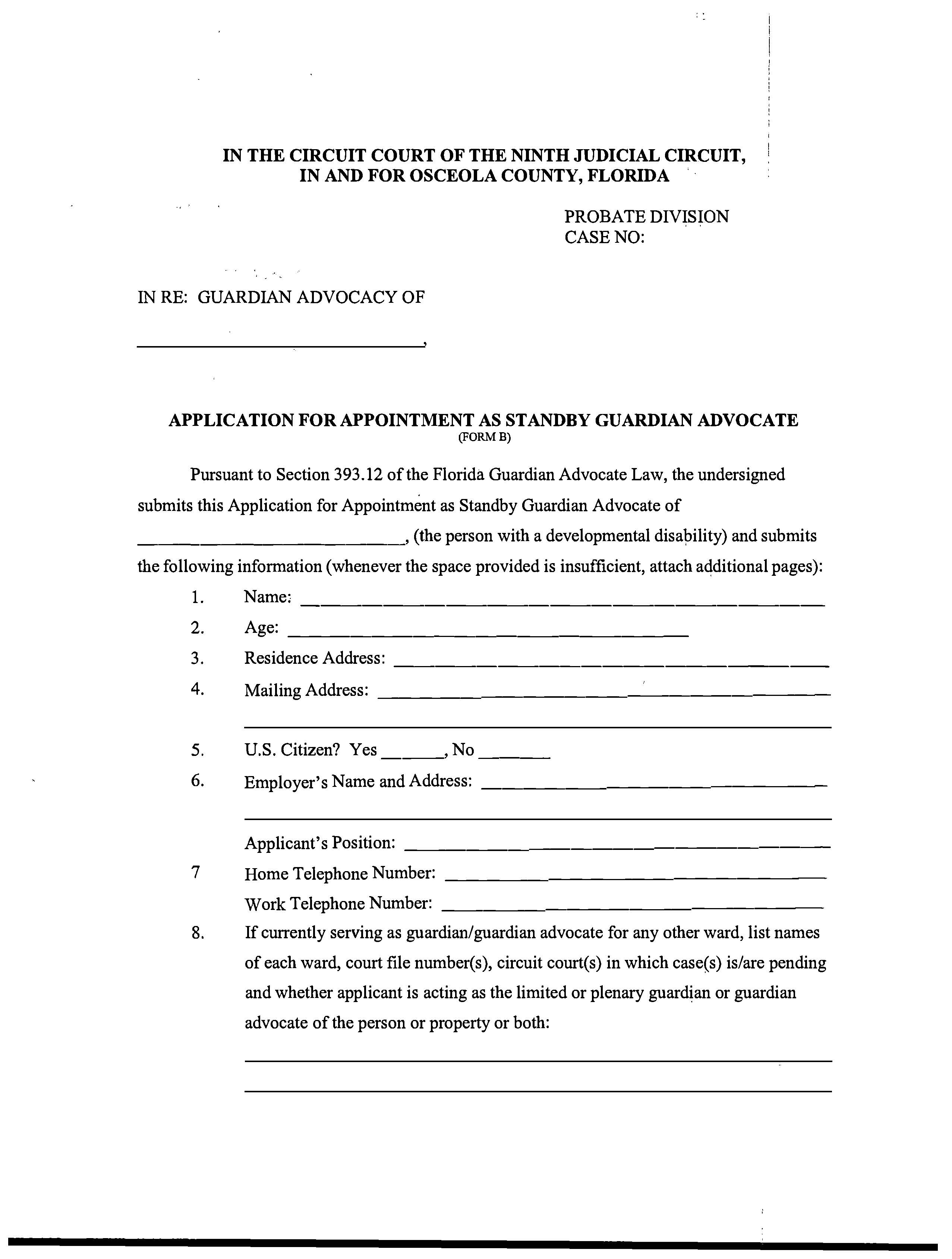 Application For Appointment As Standby Guardian Advocate {FORM B} | Pdf Fpdf Docx | Florida