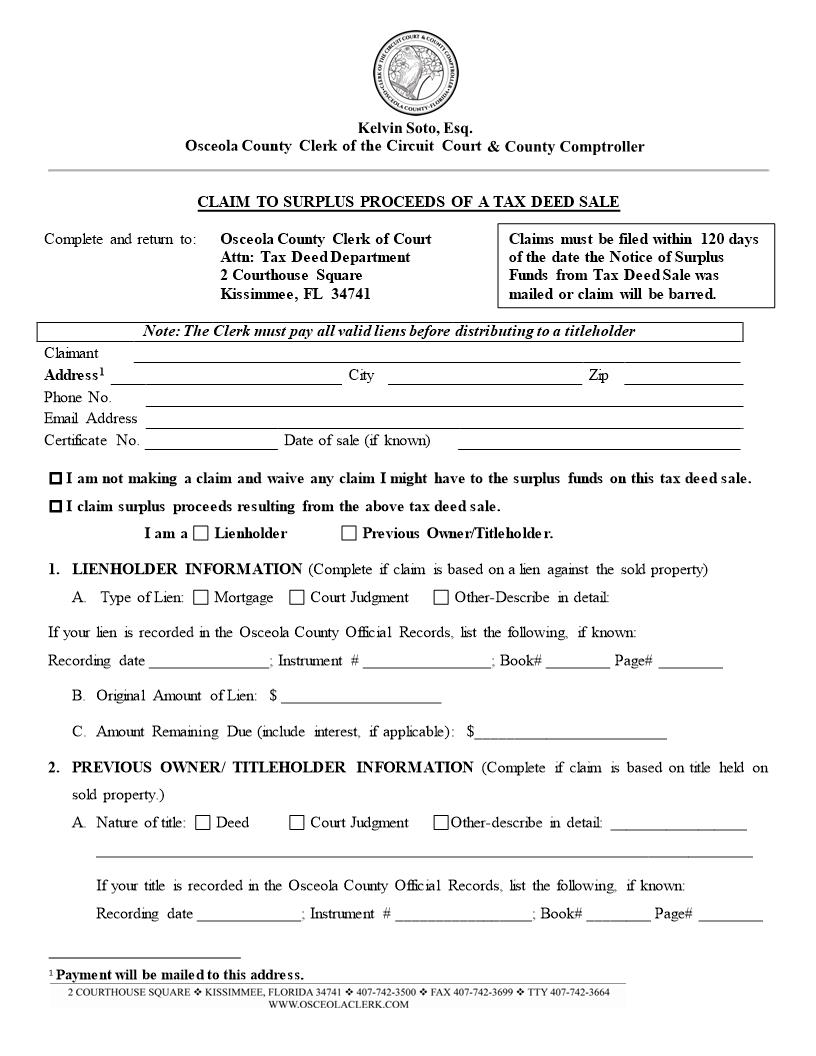 Claim To Surplus Proceeds Of A Tax Deed Sale | Pdf Fpdf Docx | Florida
