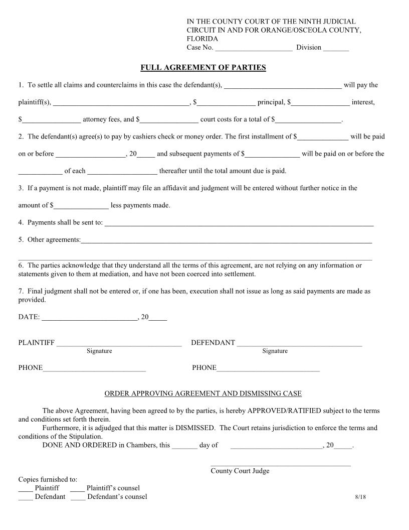 Full Agreement Of Parties (Small Claims Settlement) | Pdf Fpdf Docx | Florida