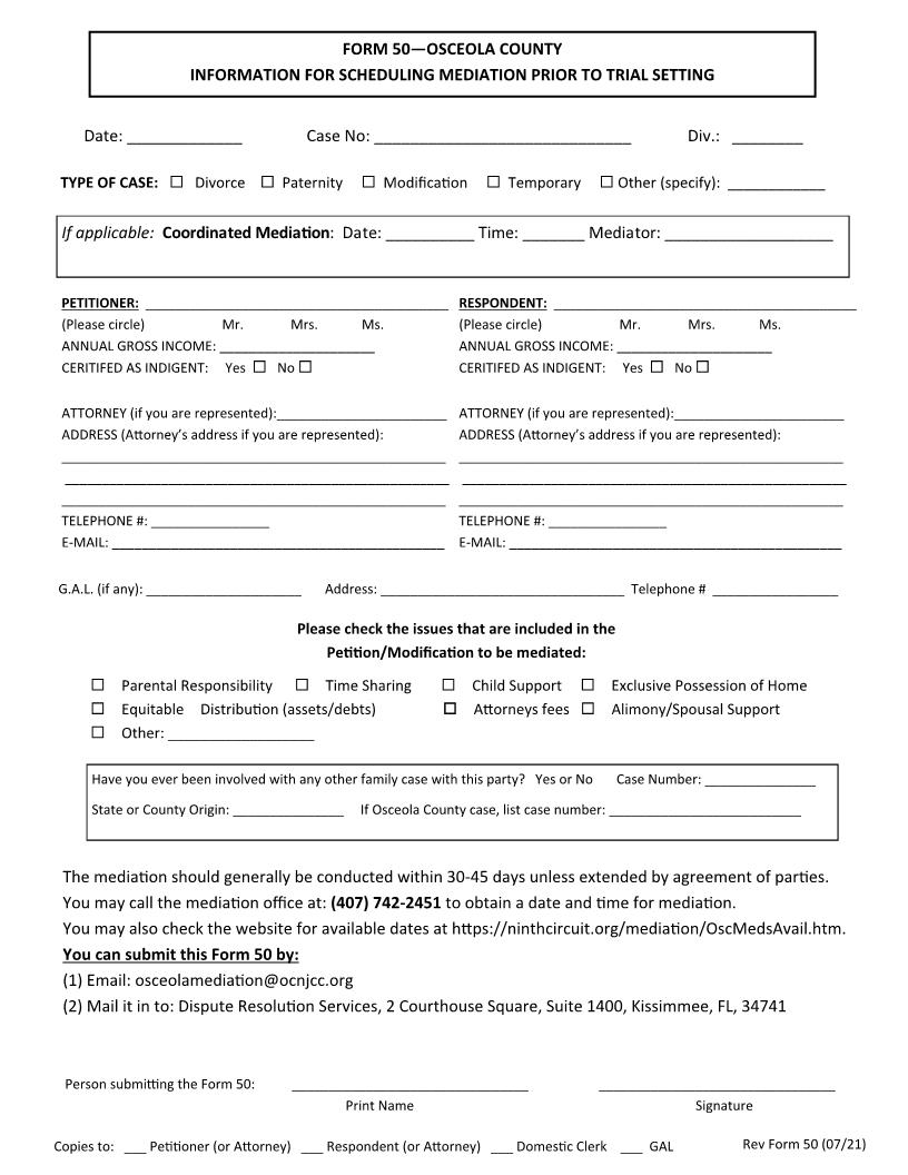 Information For Scheduling Mediation Before Trial Setting {Form 50} | Pdf Fpdf Docx | Florida