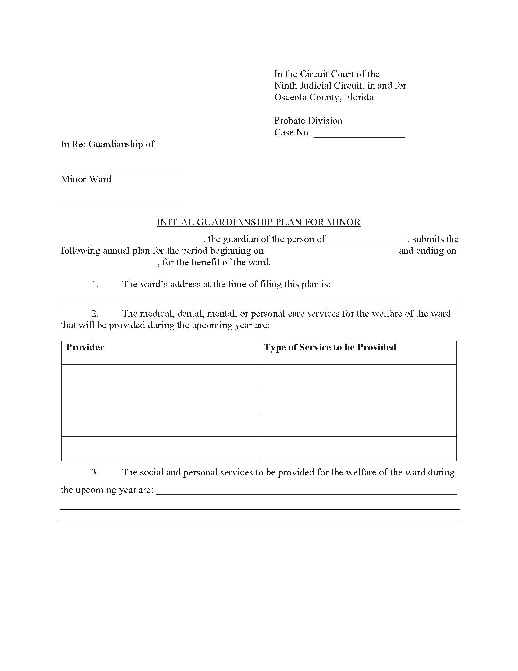 Initial Guardianship Plan For Minor | Pdf Fpdf Docx | Florida