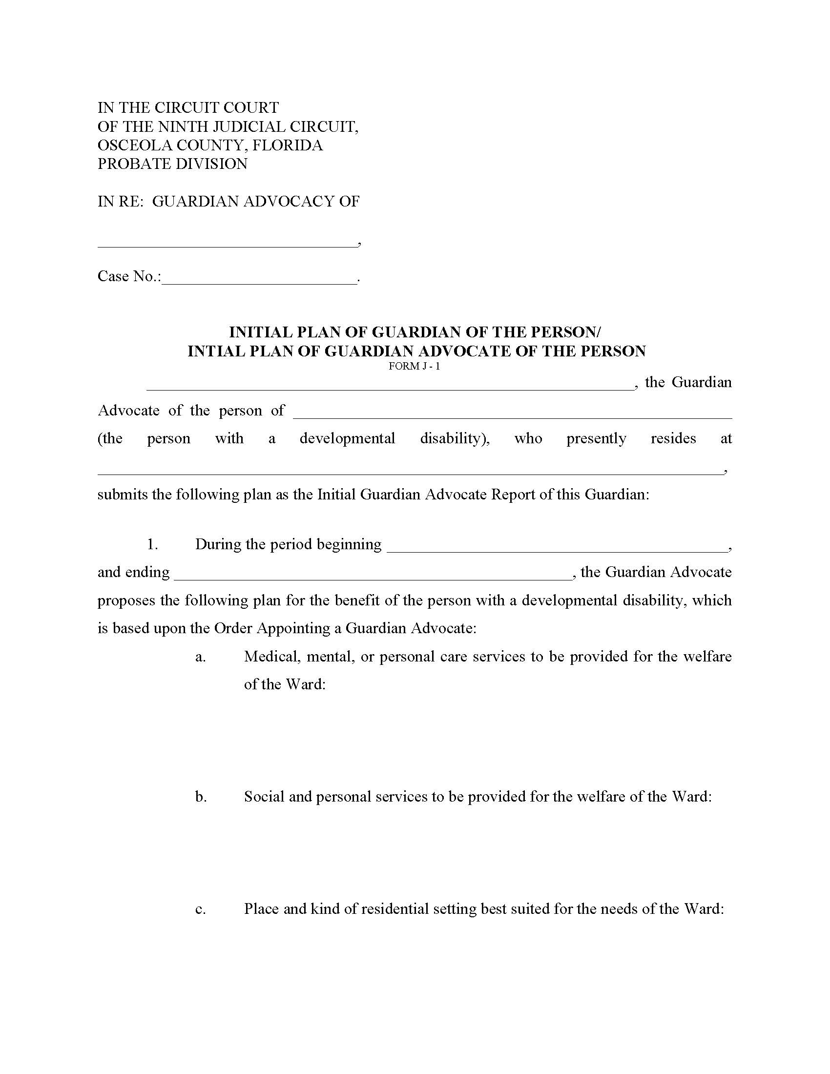 Initial Plan Of Guardian-Guardian Advocate Of The Person {Form J-1} | Pdf Fpdf Docx | Florida