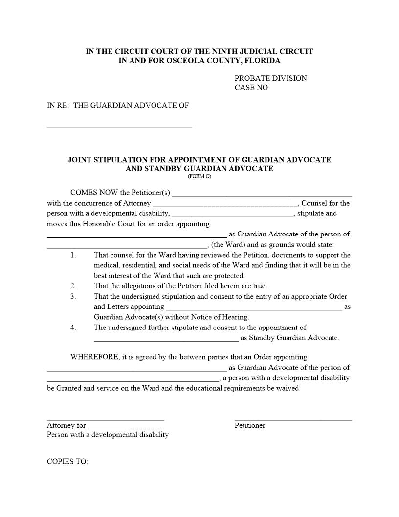 Joint Stipulation Appointment Of Guardian Advocate And Standby Guardian Advocate {Form O} | Pdf Fpdf Docx | Florida