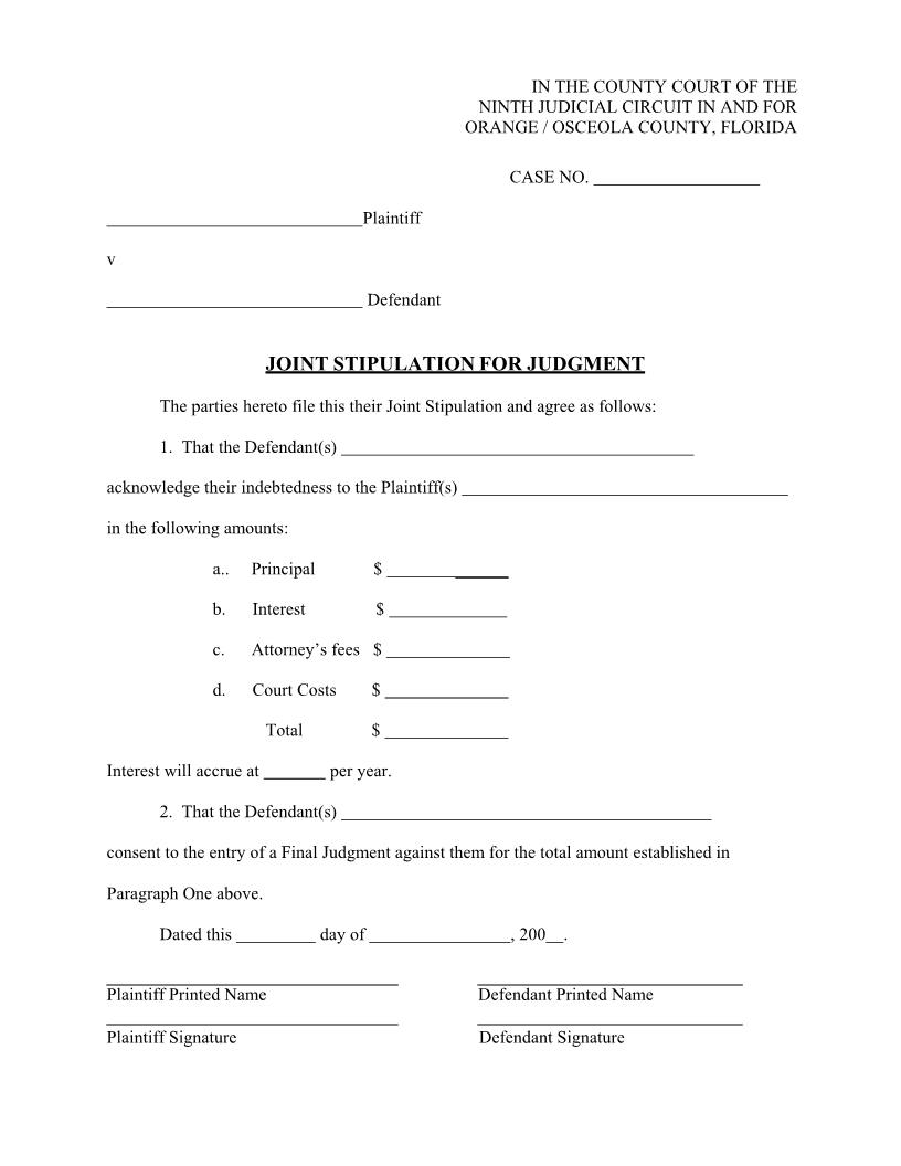 Joint Stipulation For Judgment (Small Claims) | Pdf Fpdf Docx | Florida