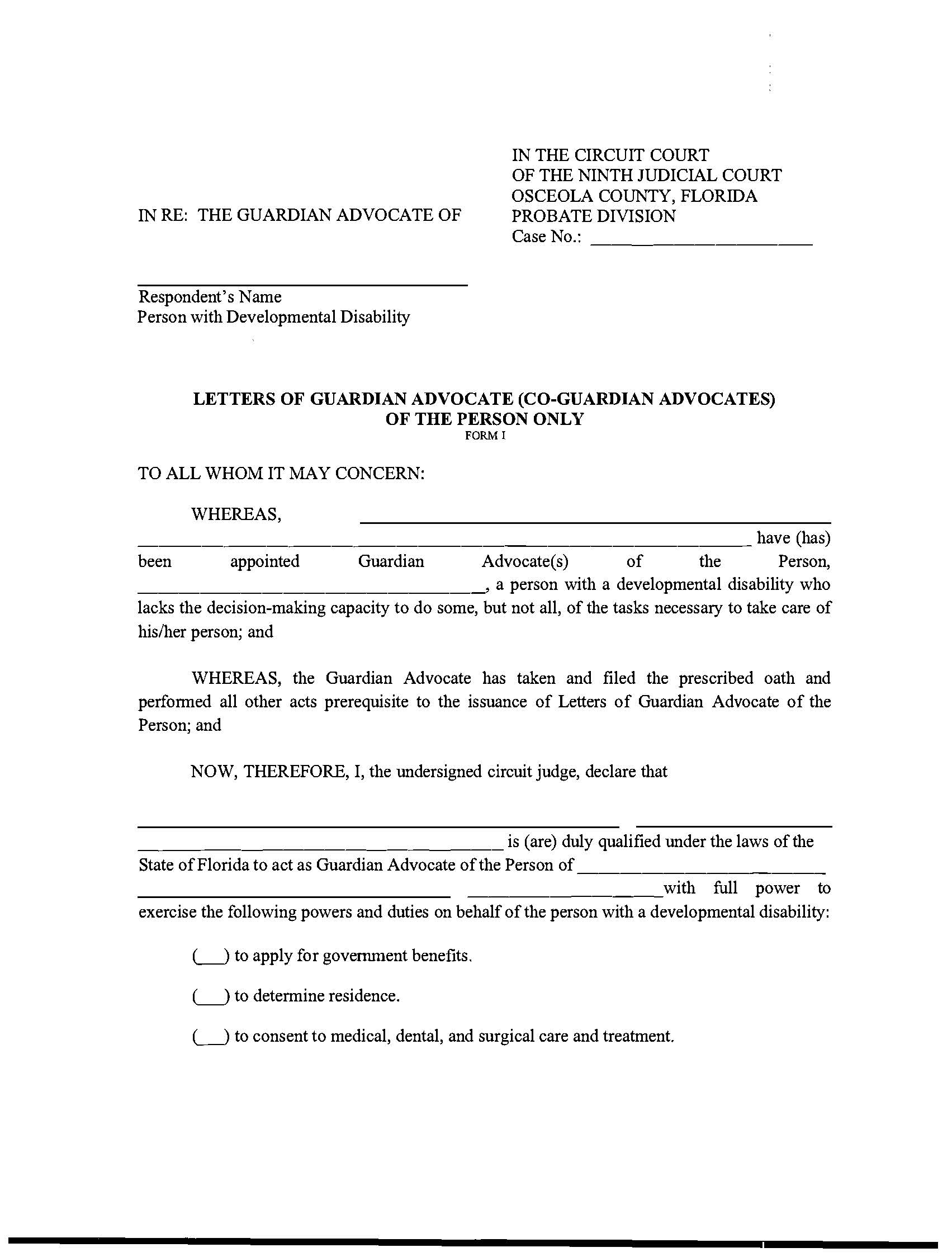Letters Of Guardian Advocate (Co-Guardian Advocates) Of The Person Only {FORM I} | Pdf Fpdf Docx | Florida