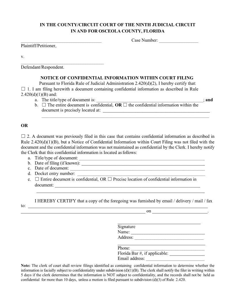 Notice Motion Order Confidential Information Within Court Filing | Pdf Fpdf Docx | Florida
