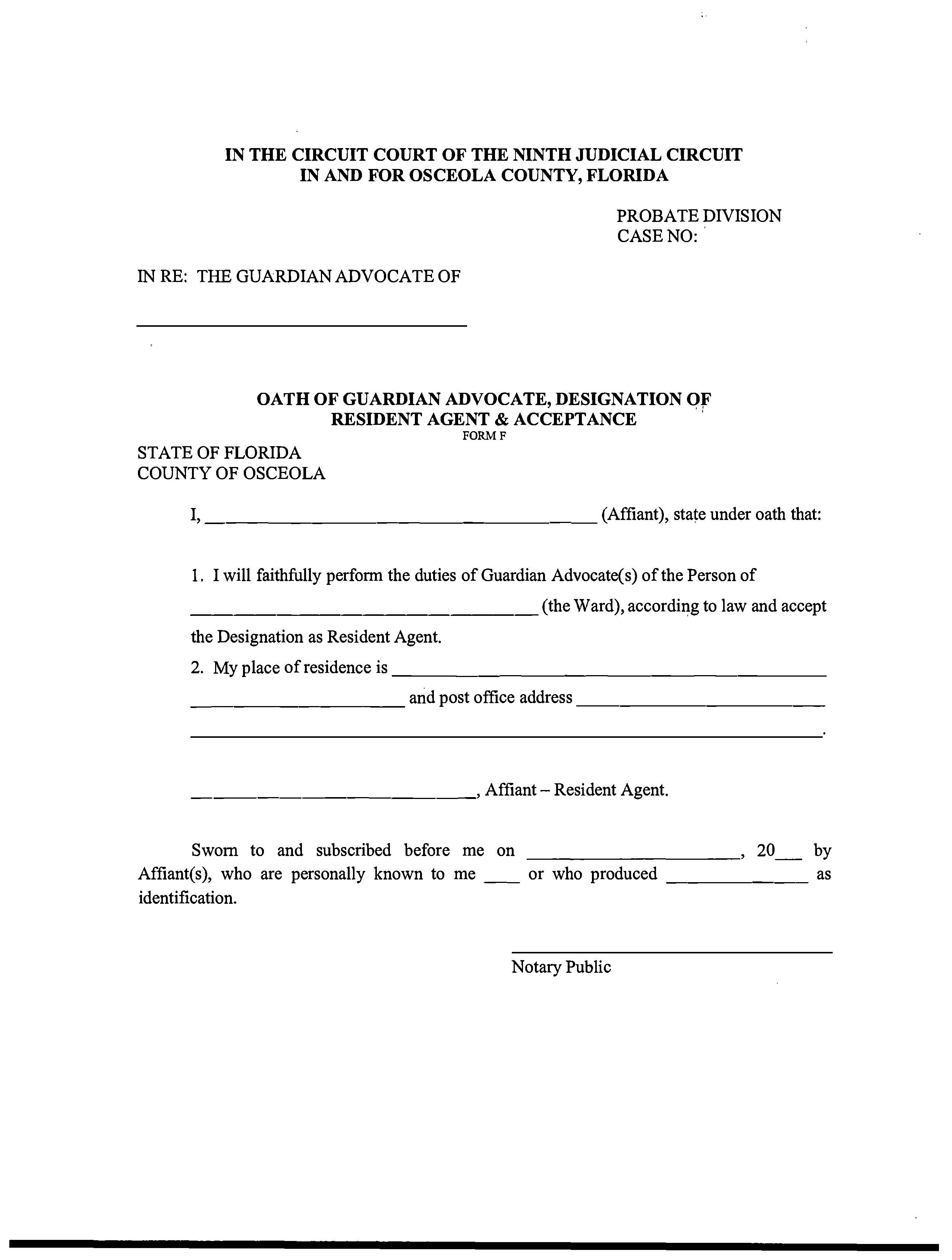 Oath Of Guardian Advocate Designation Of Resident Agent Acceptance {FORM F} | Pdf Fpdf Docx | Florida