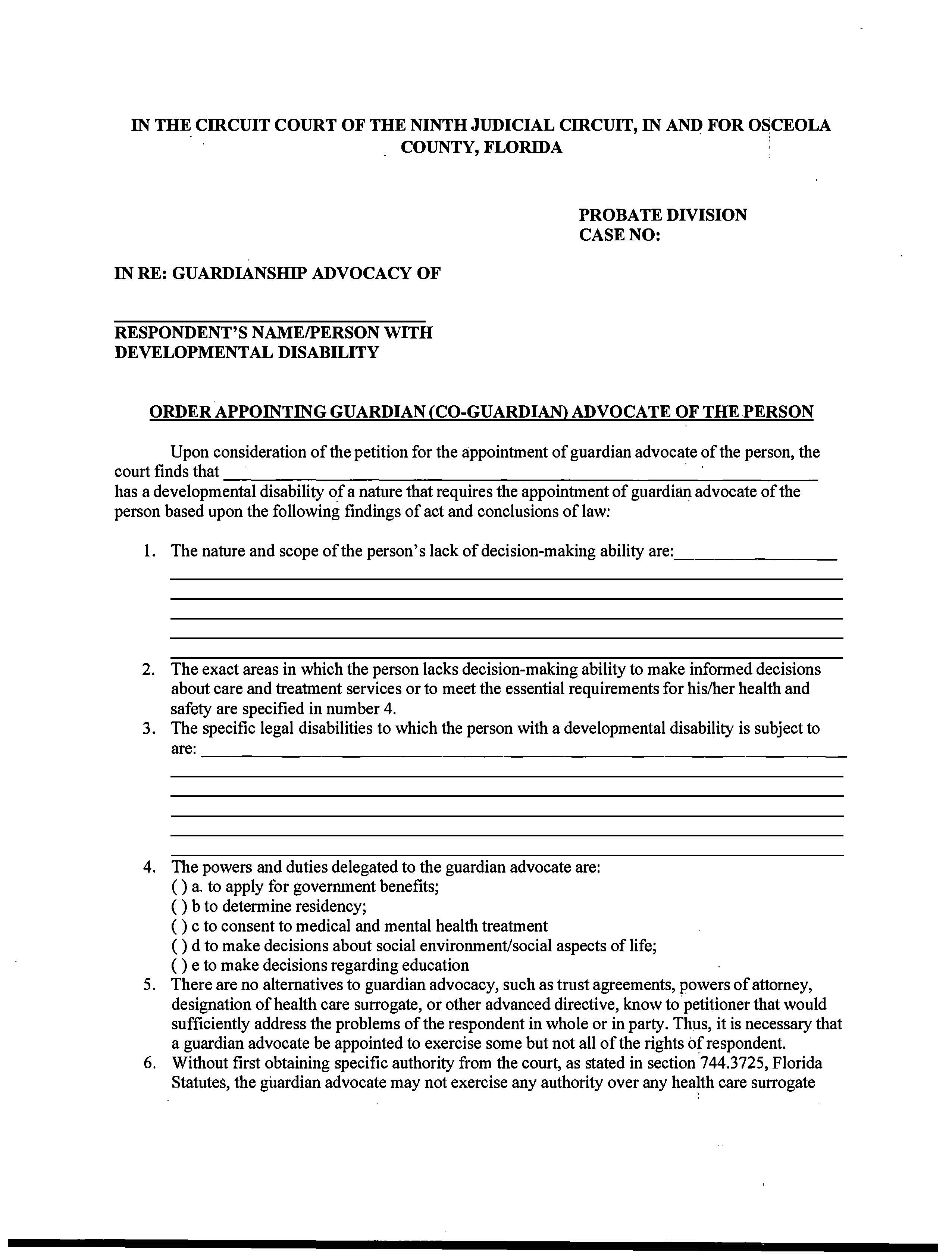 Order Appointing Guardian (Co-Guardian) Advocate Of The Person | Pdf Fpdf Docx | Florida