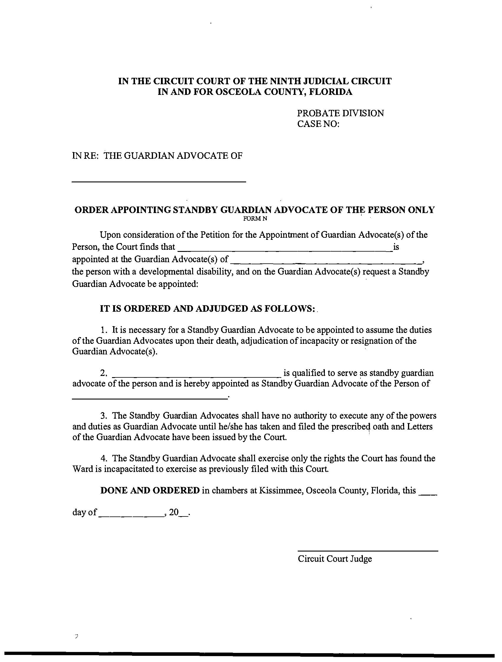 Order Appointing Standby Guardian Advocate Of The Person Only {FORM N} | Pdf Fpdf Docx | Florida