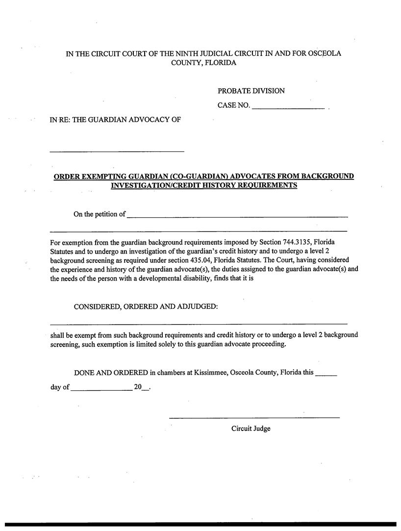 Order Exempting (Co-)Guardian Advocates Background Investigation-Credit History Requirements | Pdf Fpdf Docx | Florida