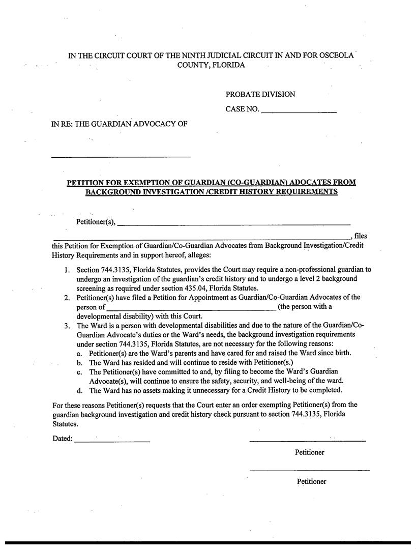 Petition For Exemption (Co-)Guardian Advocates Background Investigation-Credit History Requirements | Pdf Fpdf Docx | Florida