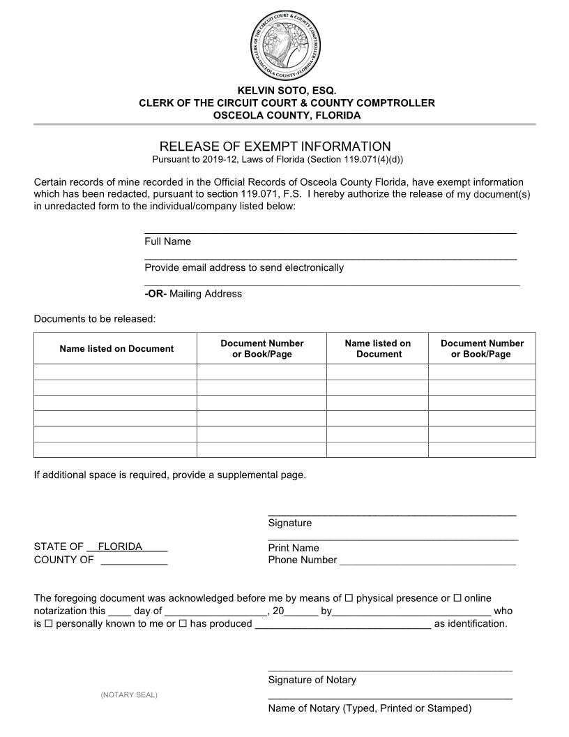 Release Of Exempt Information (Request) | Pdf Fpdf Docx | Florida