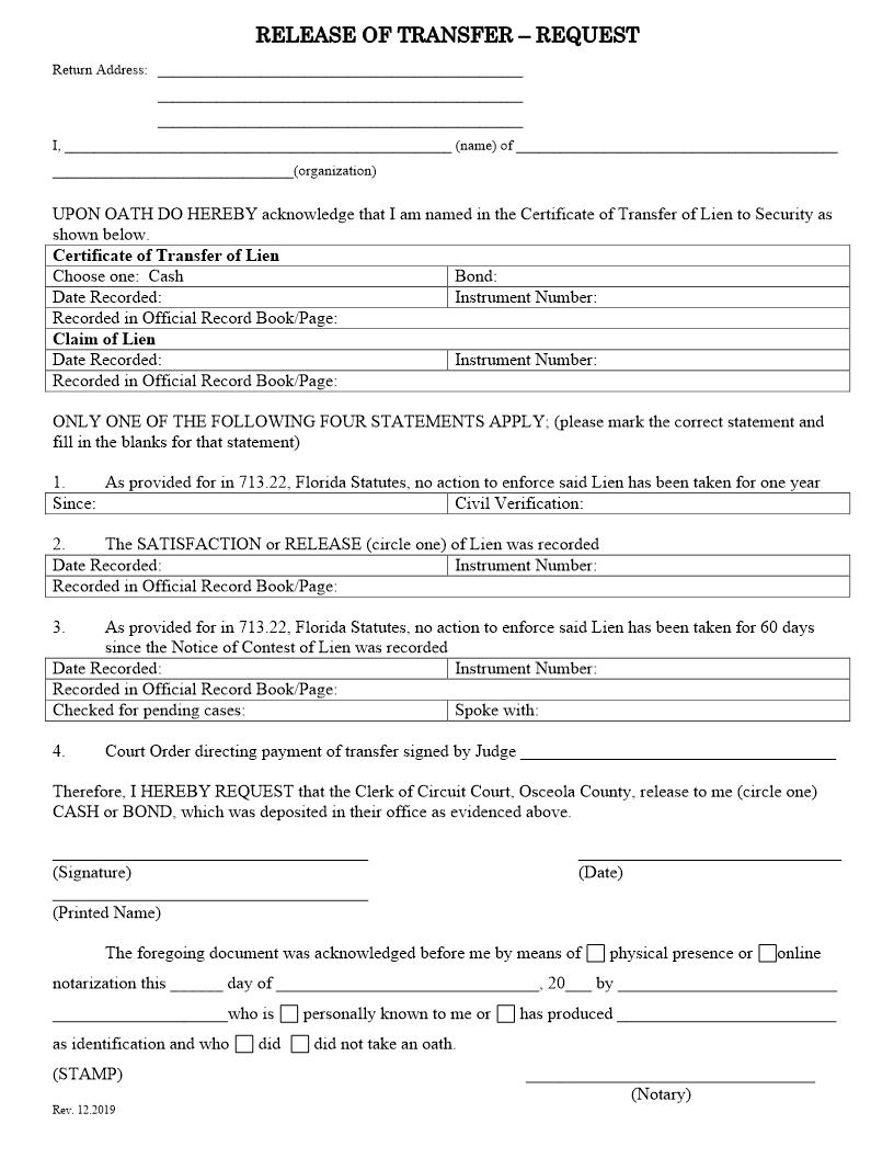 Release Of Transfer - Request (Lien) | Pdf Fpdf Docx | Florida