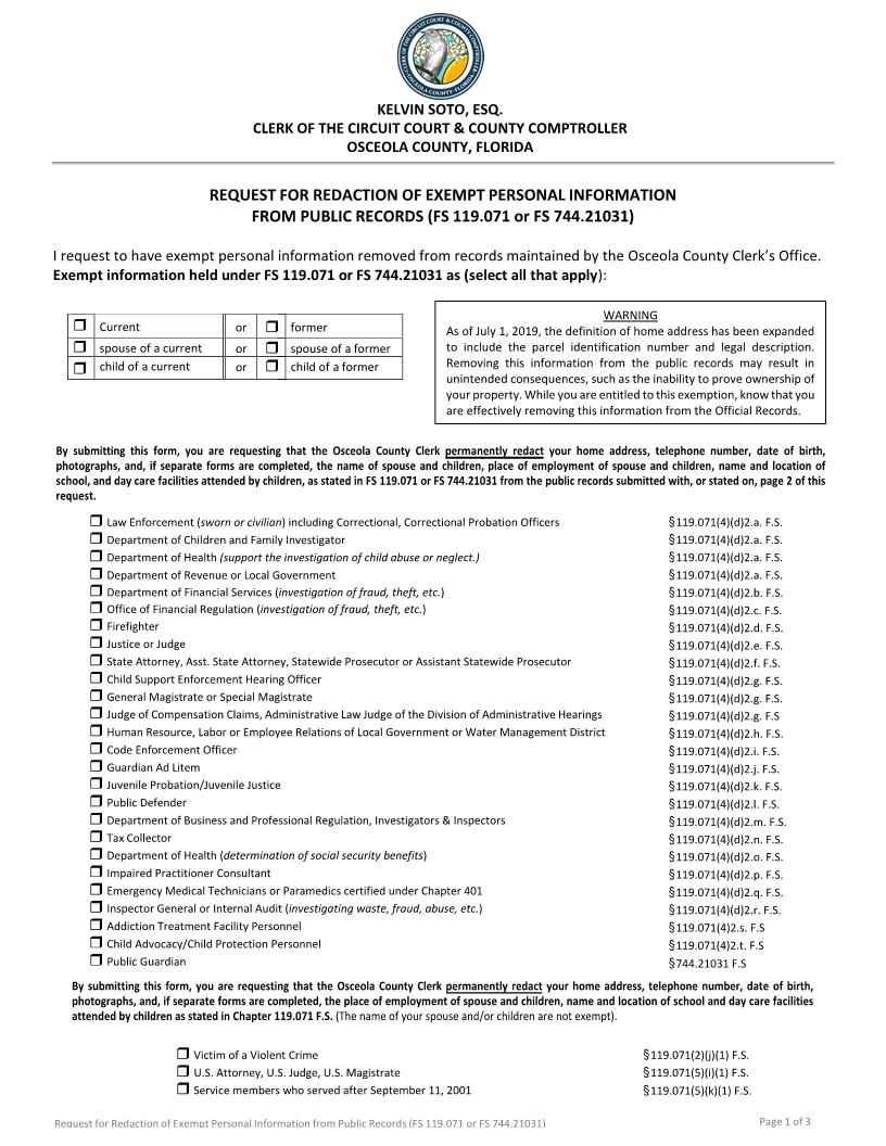 Request For Redaction Of Exempt Personal Information From Public Records | Pdf Fpdf Docx | Florida