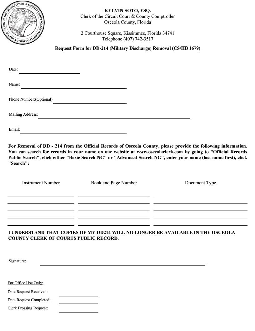 Request Form For DD-214 Military Discharge Removal (CS-HB 1679)) | Pdf Fpdf Docx | Florida