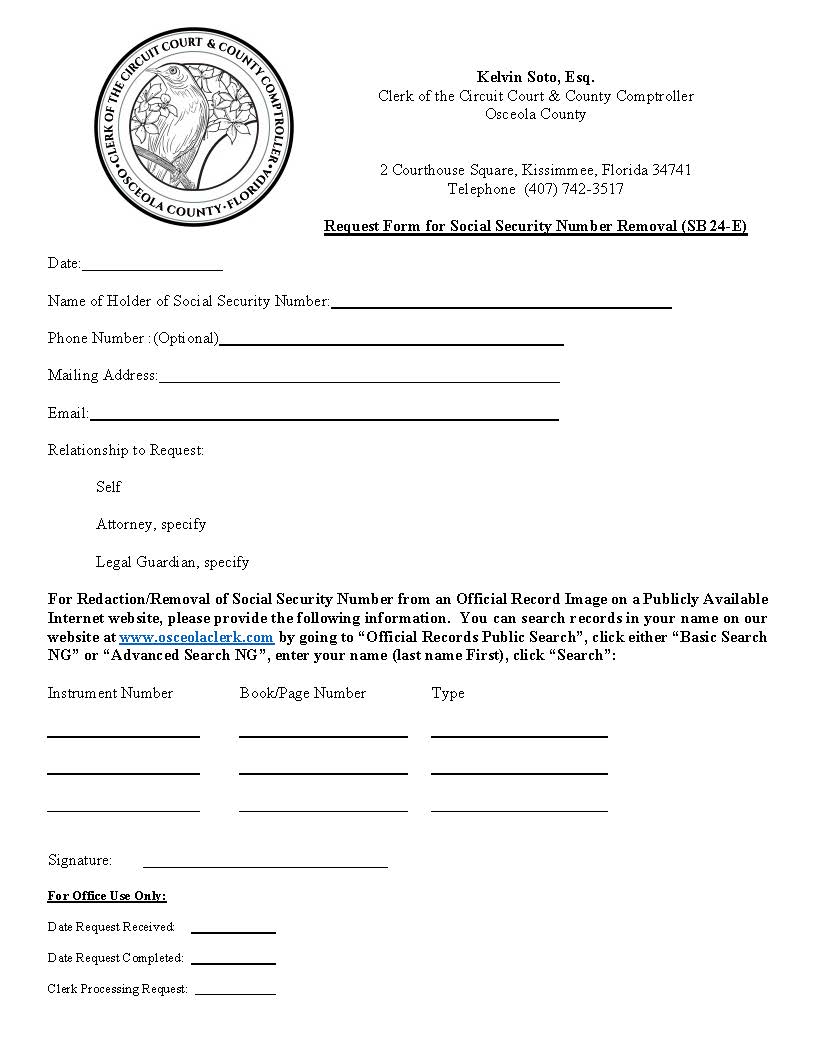 Request Form For Social Security Removal (SB 24-E) | Pdf Fpdf Docx | Florida
