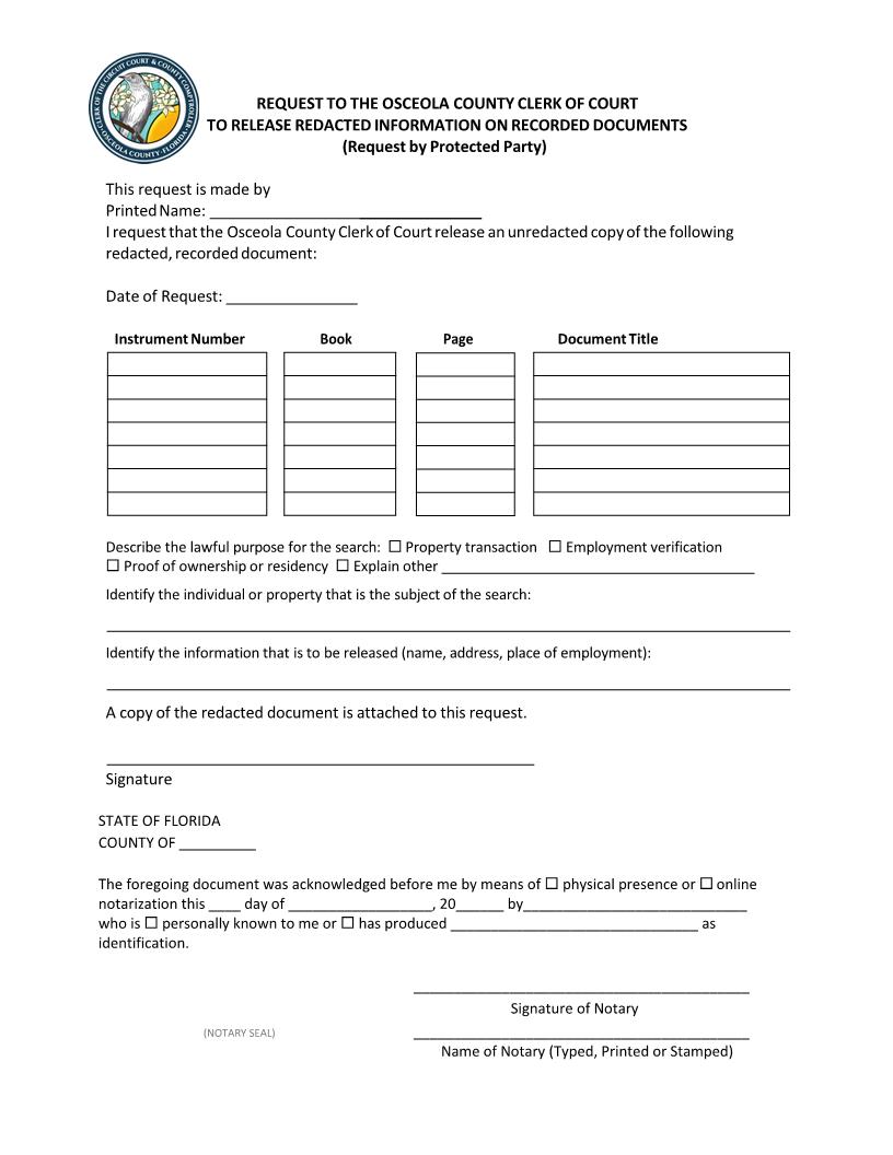 Request To Release Redacted Information On Recorded Documents (By Protected Party) | Pdf Fpdf Docx | Florida