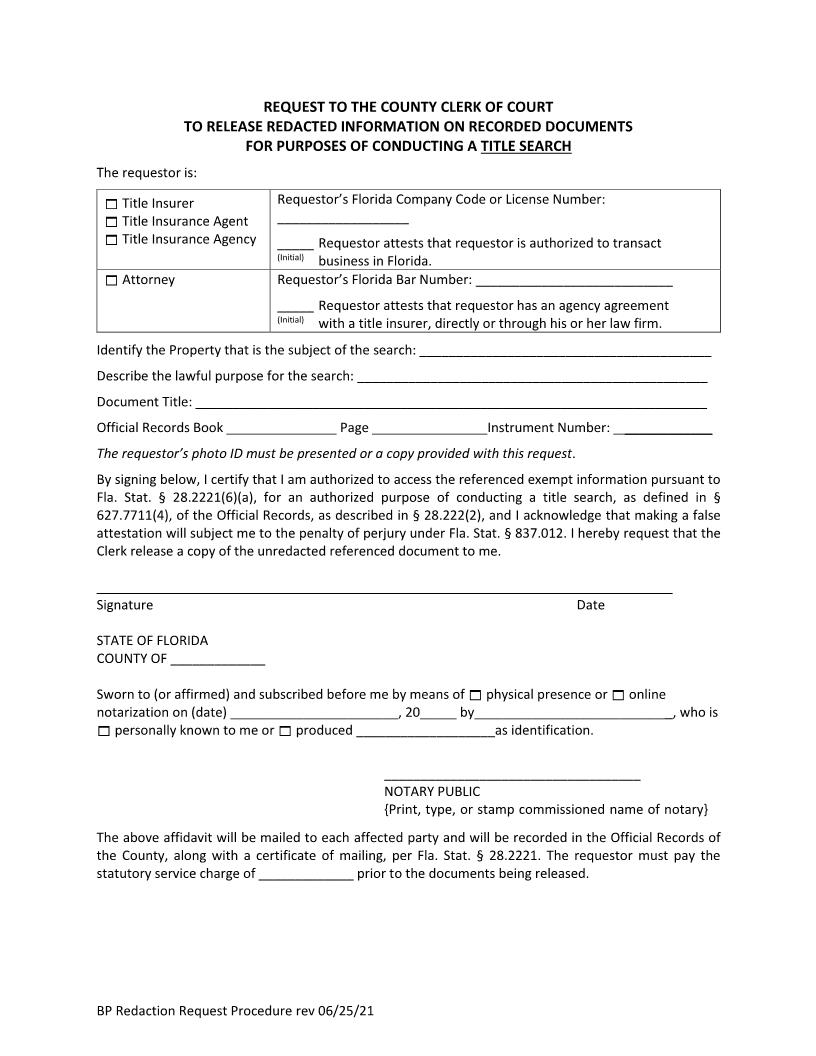 Request To Release Redacted Information On Recorded Documents Title Search | Pdf Fpdf Docx | Florida