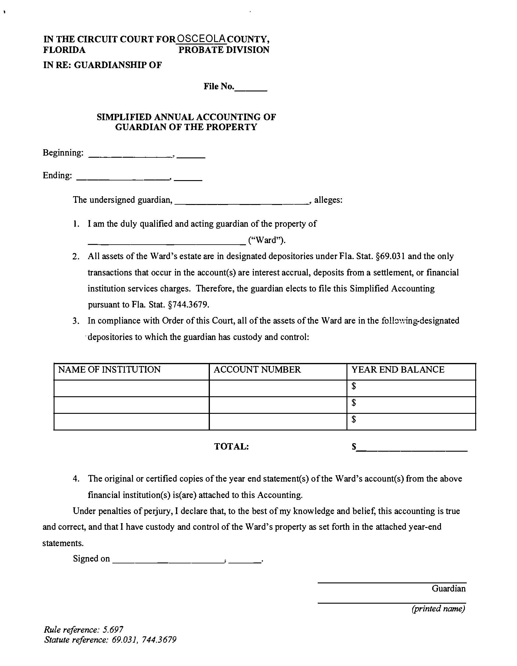 Simplified Annual Accounting Of Guardian Of The Property | Pdf Fpdf Docx | Florida