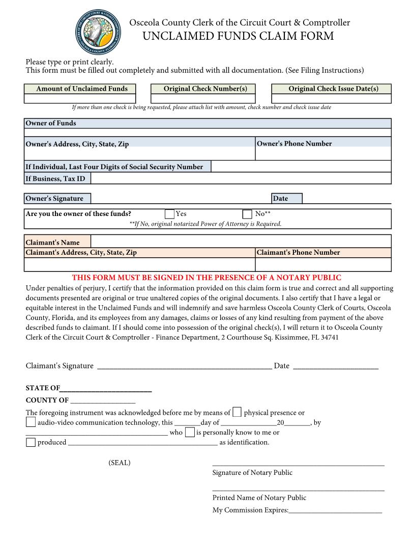 Unclaimed Funds Claim Form | Pdf Fpdf Docx | Florida