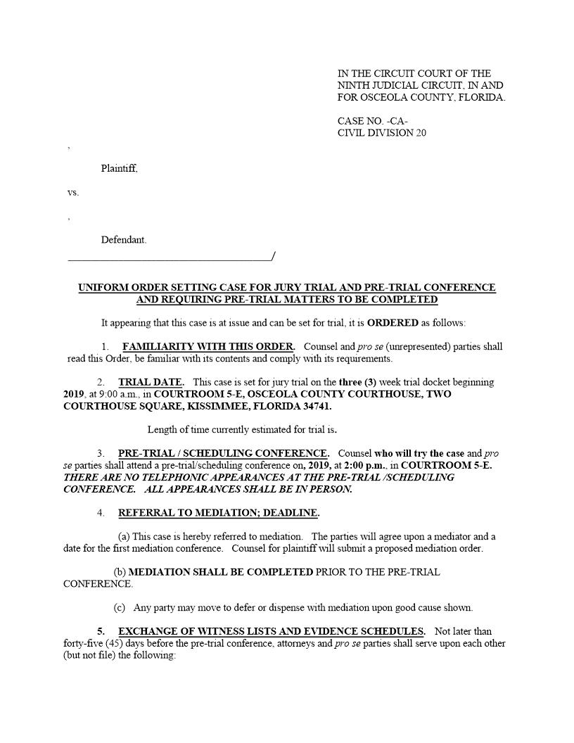 Uniform Order Setting Jury Trial And Pre-Trial (Judge Schreiber) | Pdf Fpdf Docx | Florida