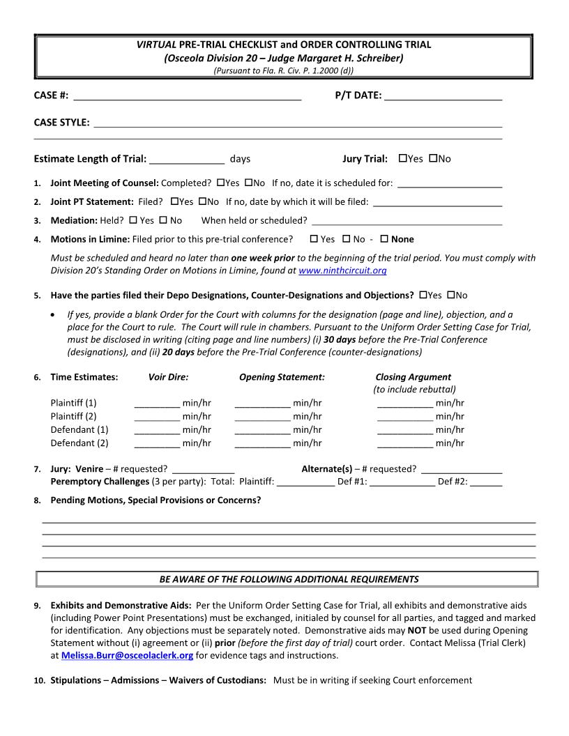 Virtual Pre-Trial Checklist And Order Controlling Trial (Judge Schreiber) | Pdf Fpdf Docx | Florida