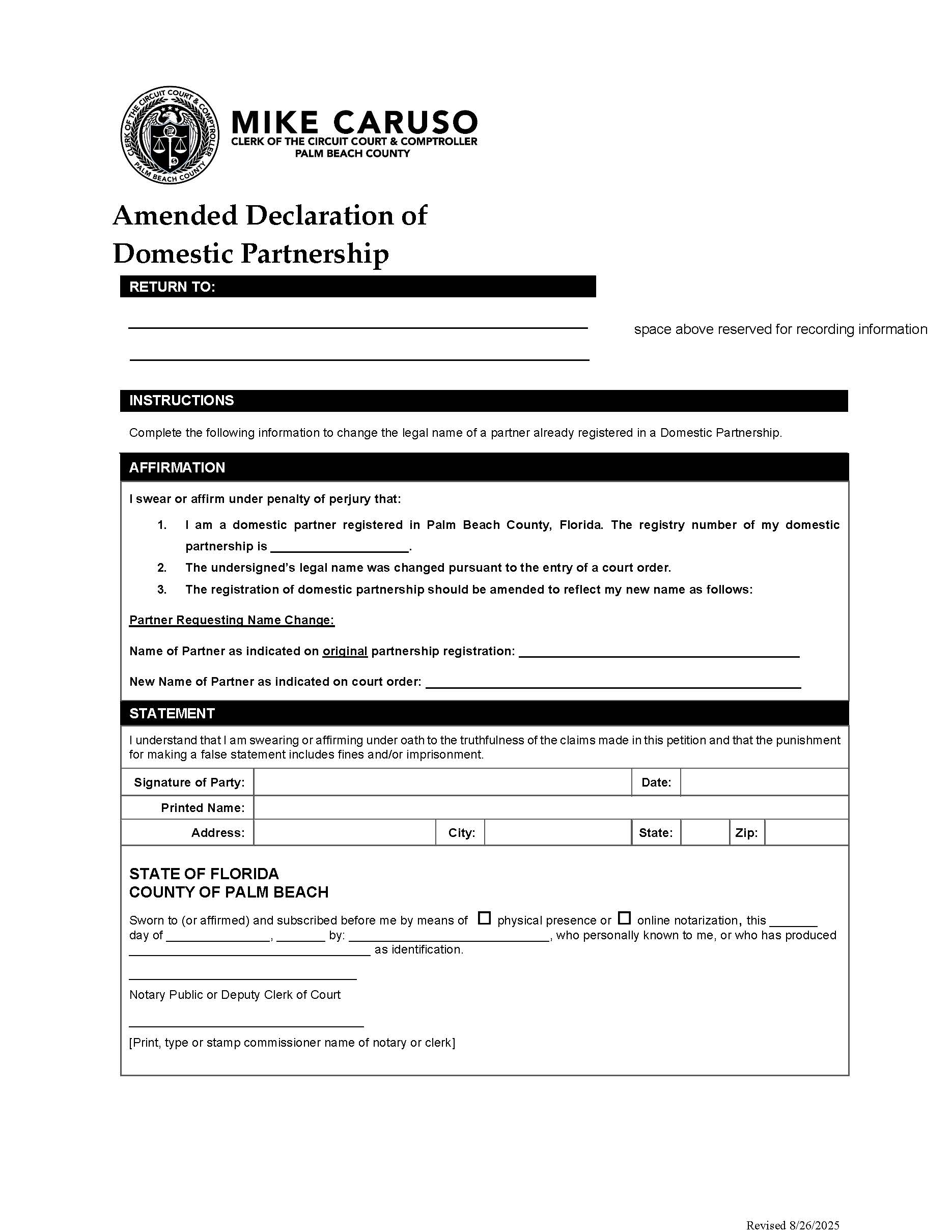 Amended Declaration Of Domestic Partnership | Pdf Fpdf Docx | Florida