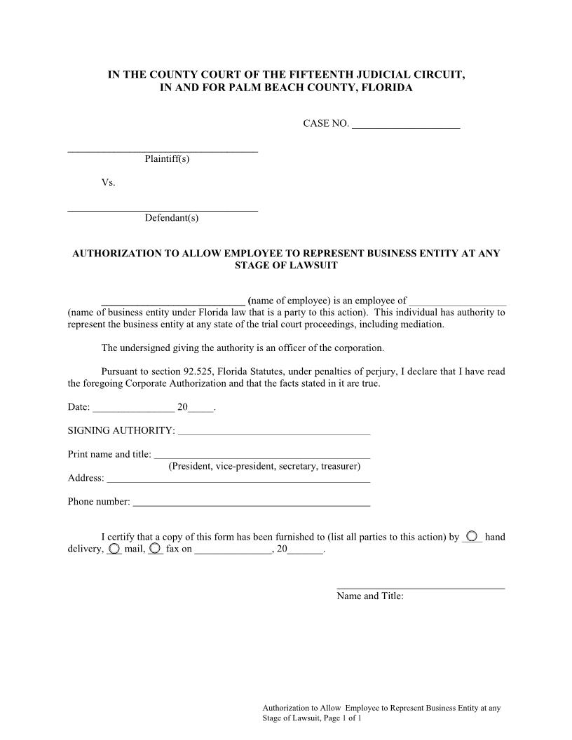 Authorization To Allow Employee To Represent Business Entity (Small Claims) | Pdf Fpdf Docx | Florida