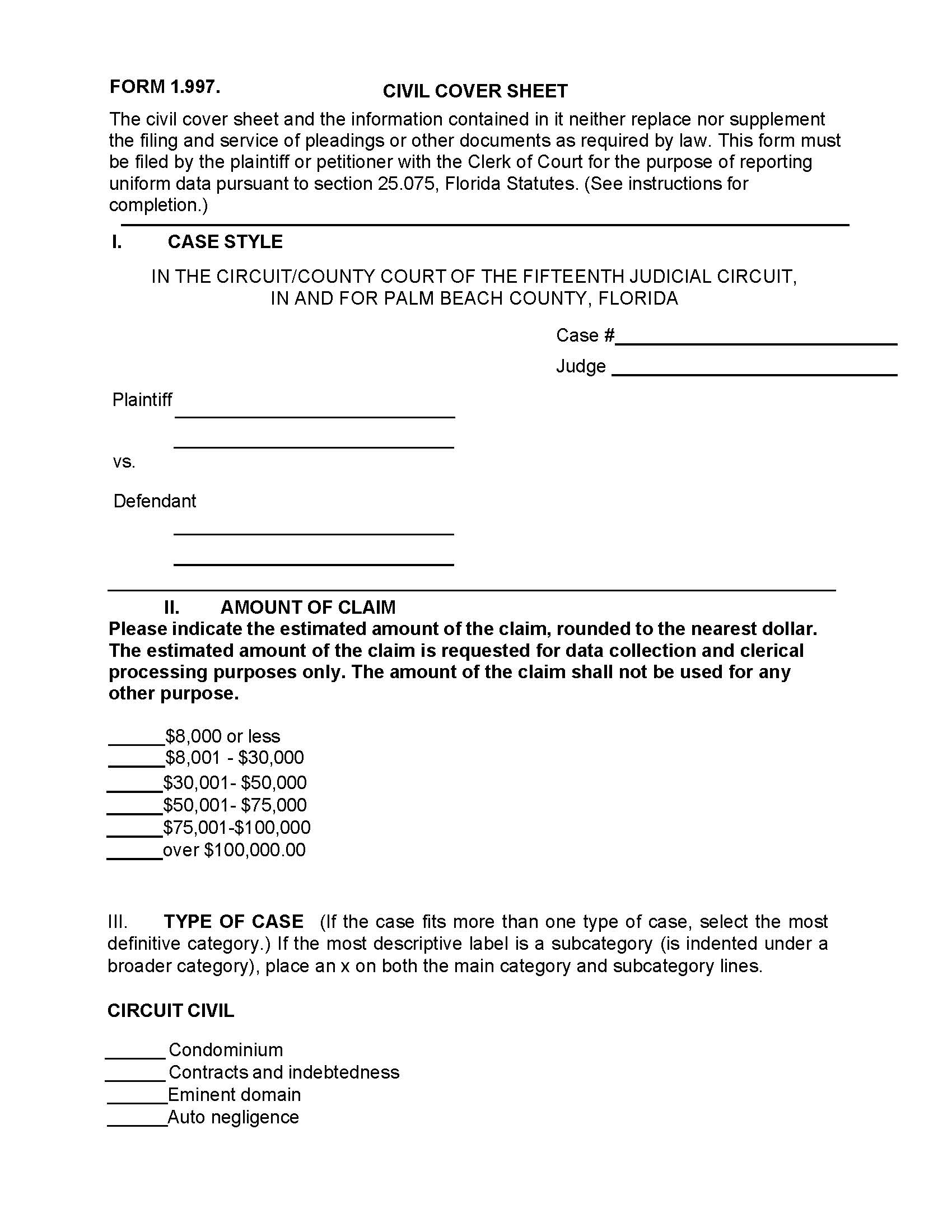 Civil Cover Sheet {PB CCS} | Pdf Fpdf Docx | Florida
