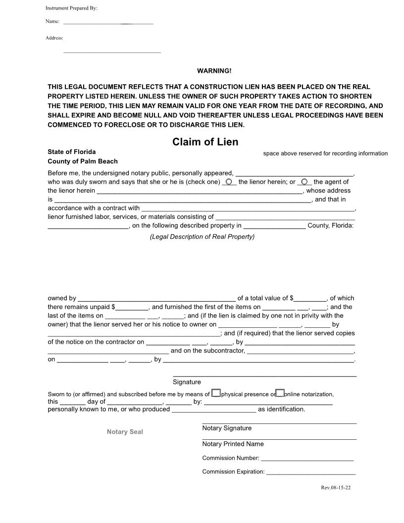 Claim Of Lien | Pdf Fpdf Docx | Florida