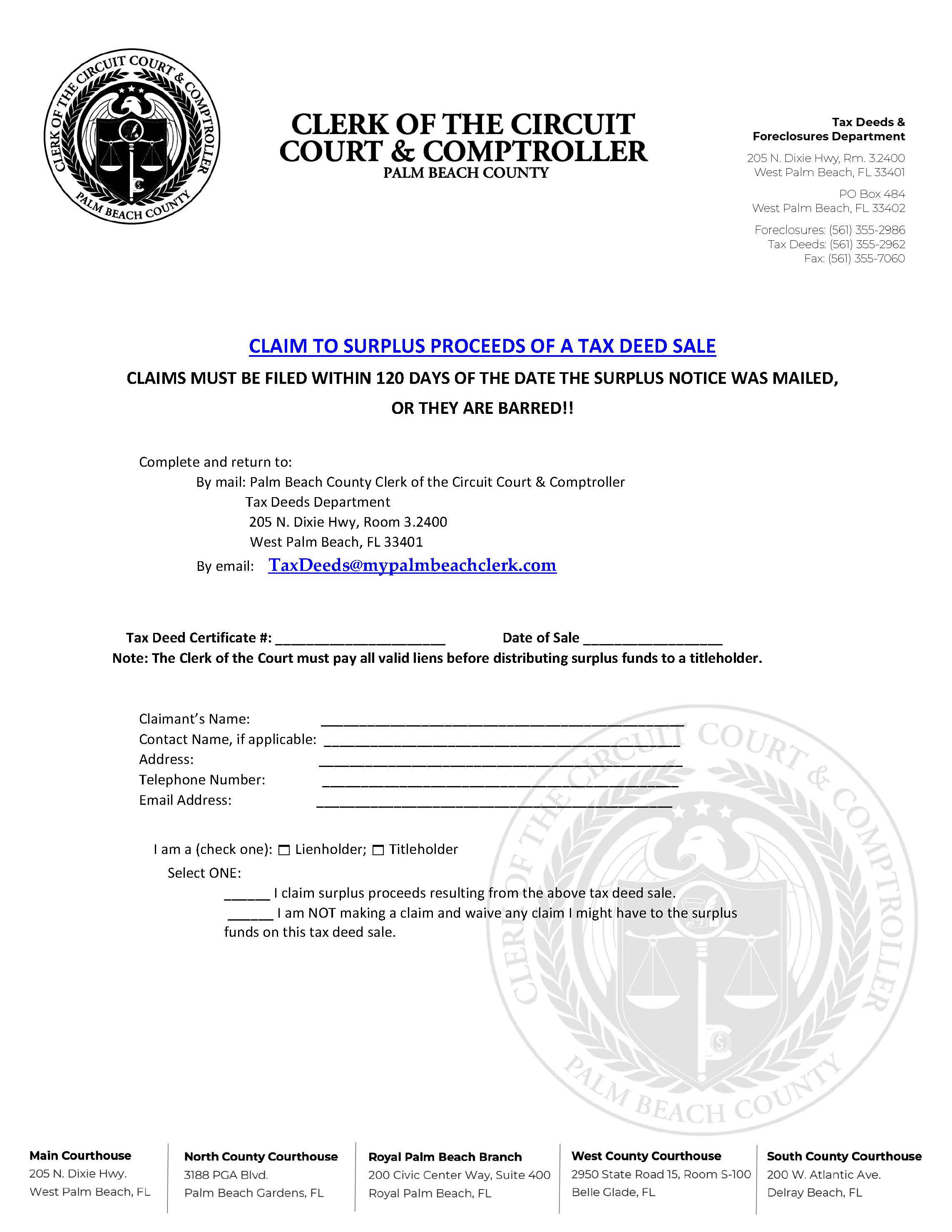 Claim To Surplus Proceeds Of Tax Deed Sale | Pdf Fpdf Docx | Florida