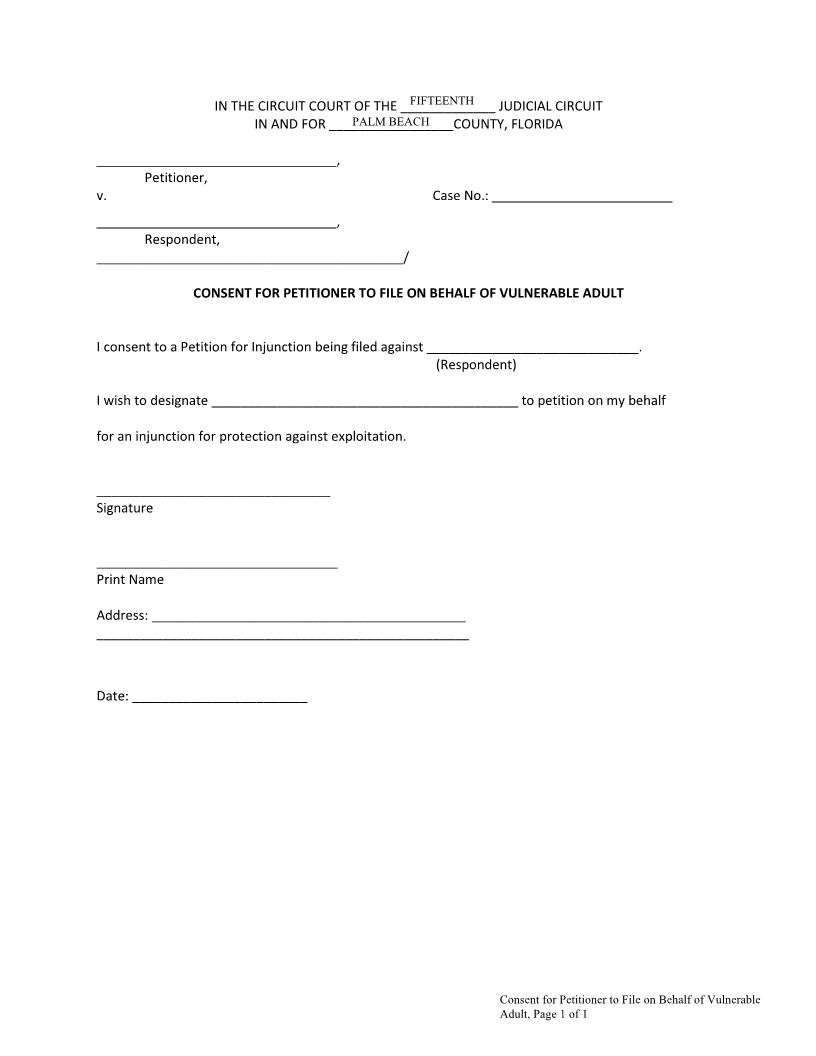 Consent For Petitioner To File On Behalf Of Vulnerable Adult | Pdf Fpdf Docx | Florida