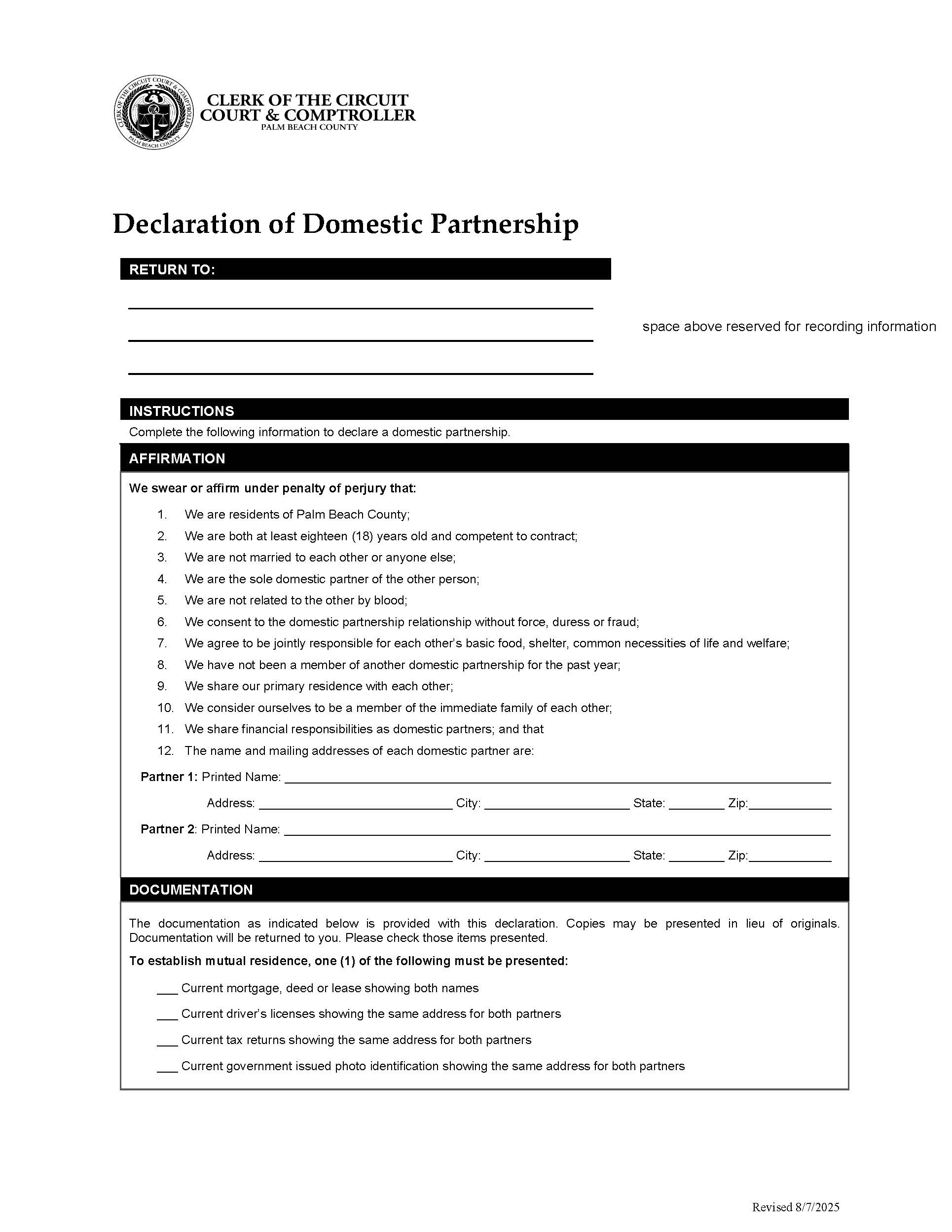 Declaration Of Domestic Partnership | Pdf Fpdf Docx | Florida
