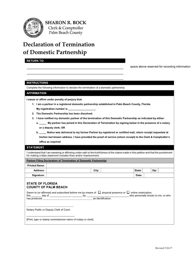 Declaration Of Termination Of Domestic Partnership | Pdf Fpdf Docx | Florida